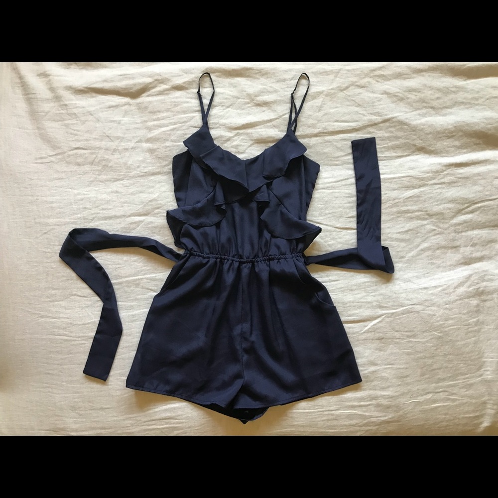 Lush romper XS navy blue ruffles tie waist pockets